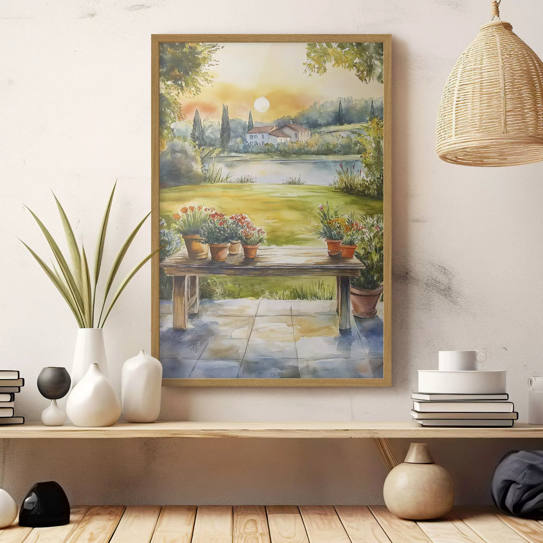 Fotobehang Dorp op de zonsondergang, rustiek, zomer bloemen, meer, aquarel stijl f44016