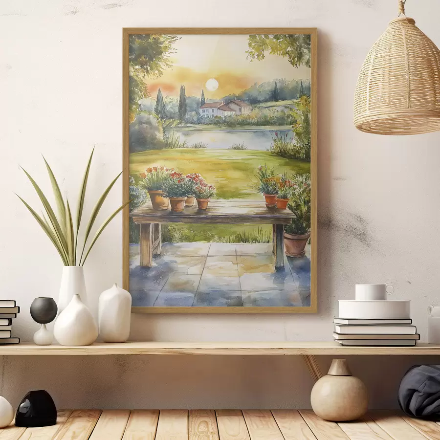 Fotobehang Dorp op de zonsondergang, rustiek, zomer bloemen, meer, aquarel stijl f44016