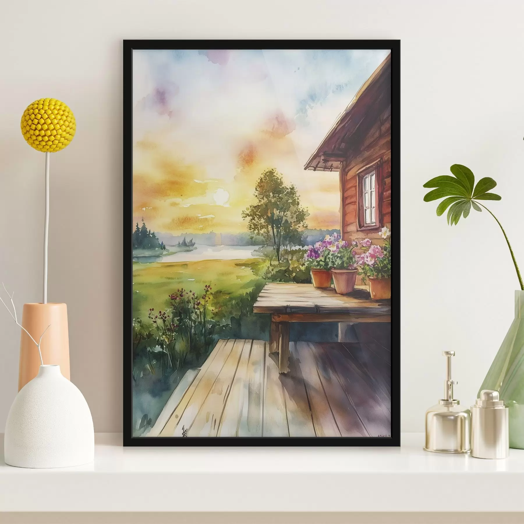 Fotobehang Kleuren zonsondergang, boerderij, aquarelstijl, rustiek, zomerbloemen f44017