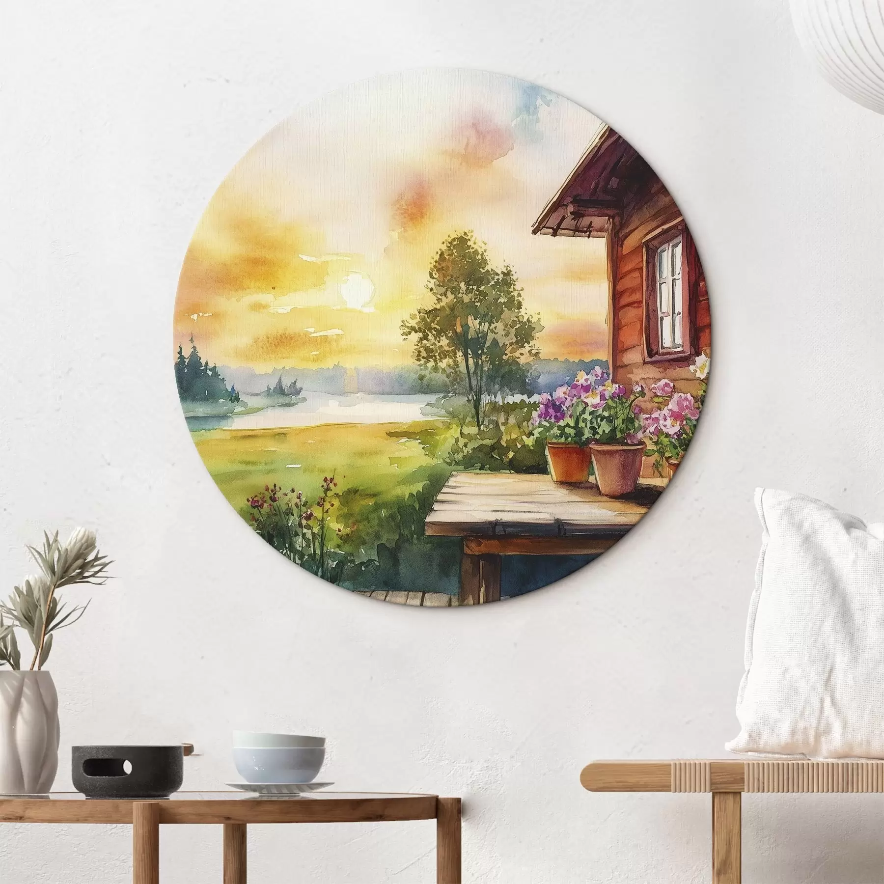  Schilderijen Kleuren zonsondergang, boerderij, aquarelstijl, rustiek, zomerbloemen r44017