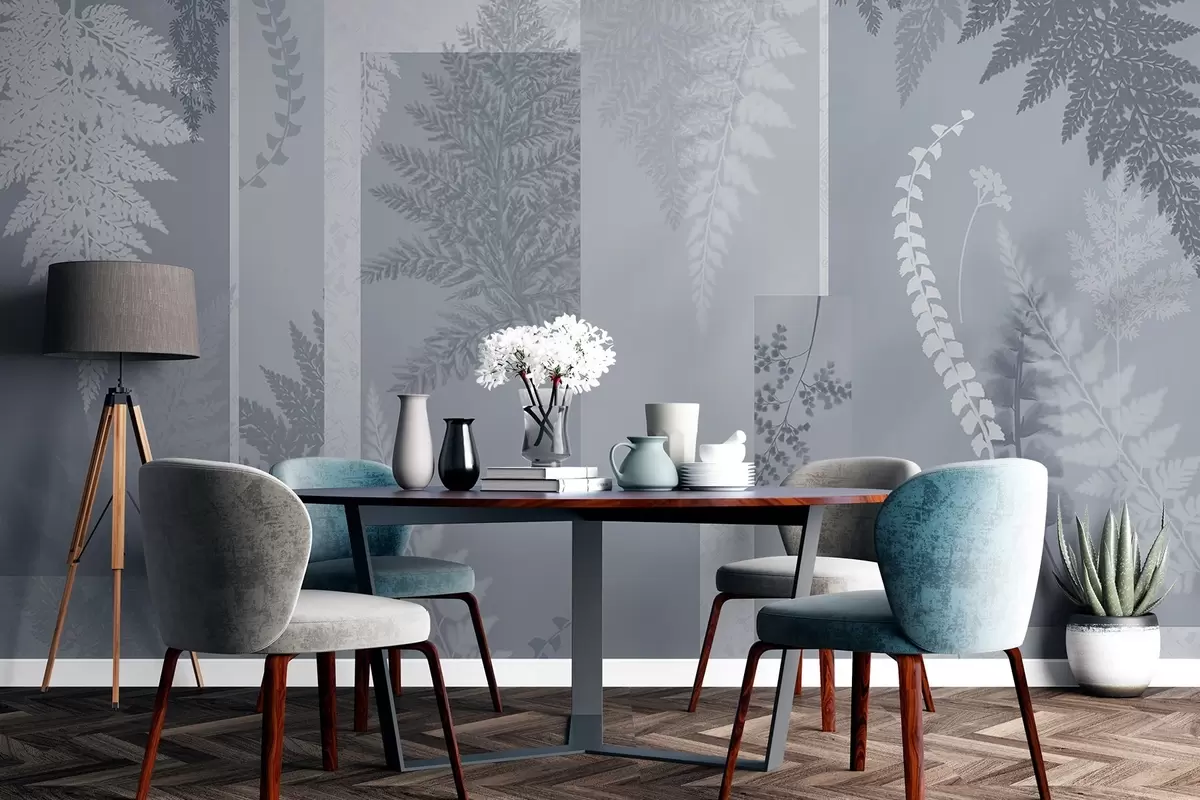 Fotobehang Varensbladeren in blauw en wit, gerangschikt in verticale strepen, waardoor een botanische en minimalistische print ontstaat, zachte en gedempte kleuren w09007v1