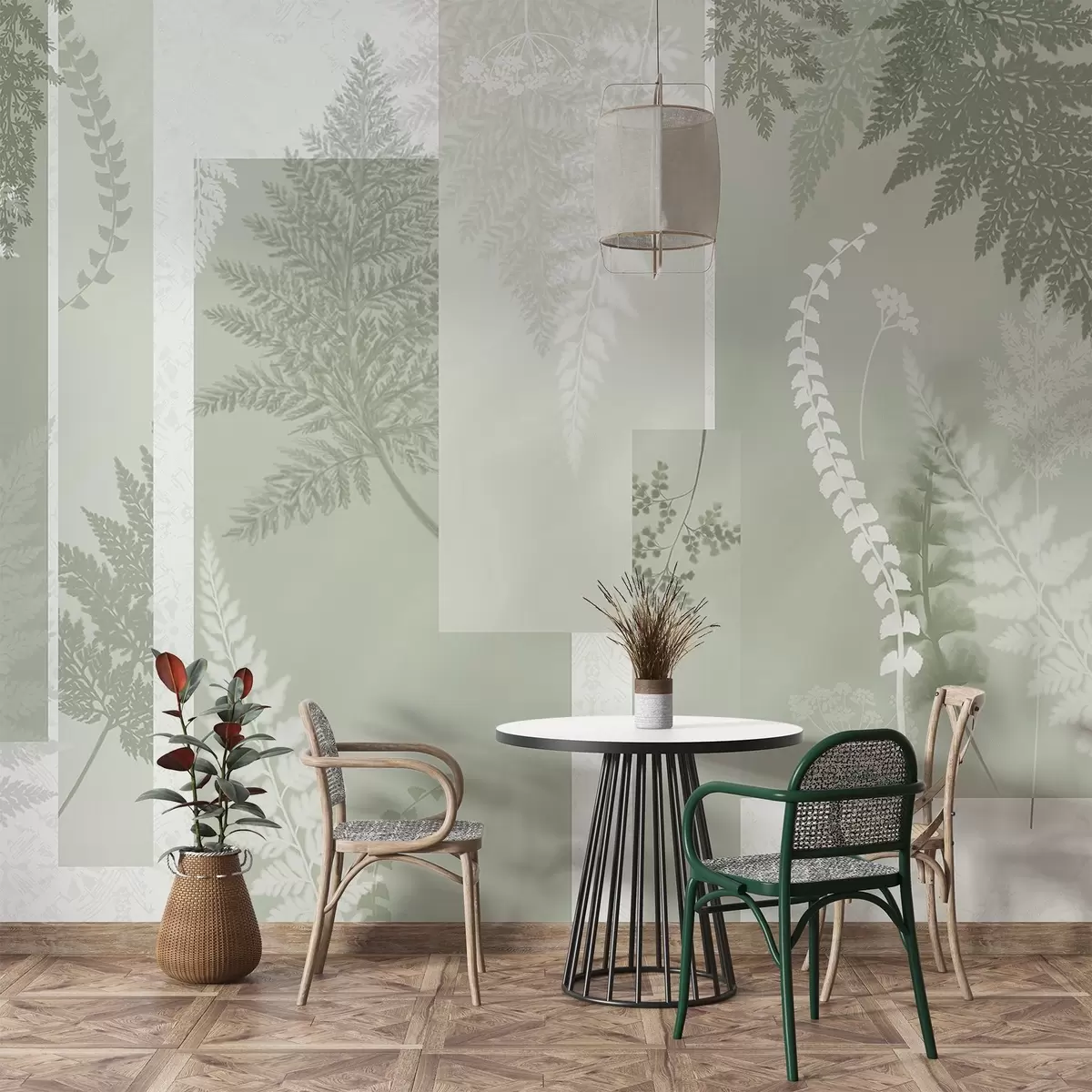 Fotobehang Varensbladeren in groen en wit, gerangschikt in verticale strepen, waardoor een botanische en minimalistische print ontstaat, zachte en gedempte kleuren w09007v2