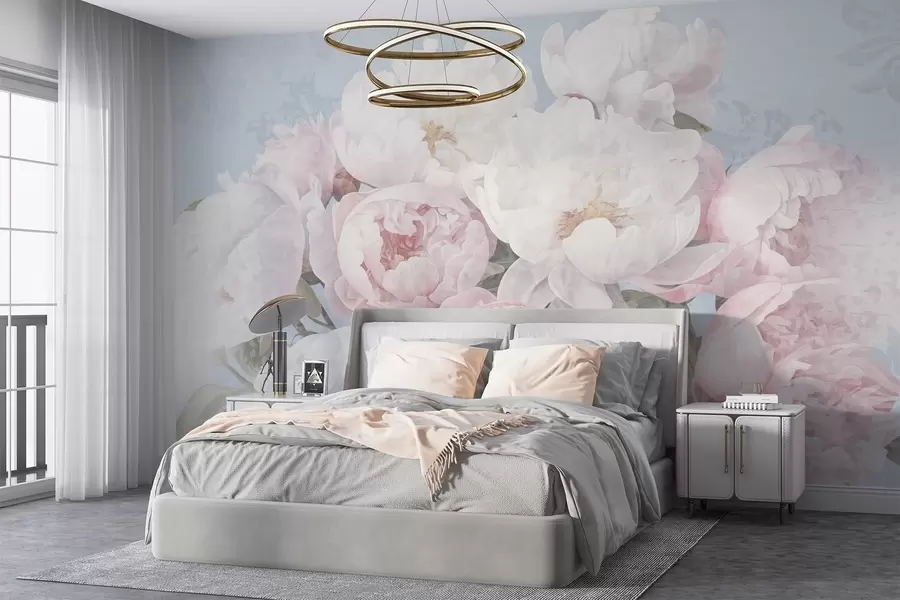 Fotobehang Gestructureerde abstracte roze en witte pioenrozen met groene bladeren, lichtblauwe achtergrond, zachte en delicate kleuren, vintage stijl w09008