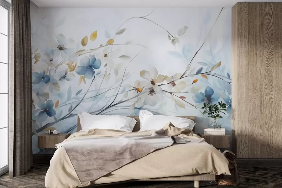 Fotobehang Bloemstuk met blauwe, oranje bladeren en witte bloemen, fijne bloemblaadjes, dunne takken, zachte kleuren, aquareleffect w09009