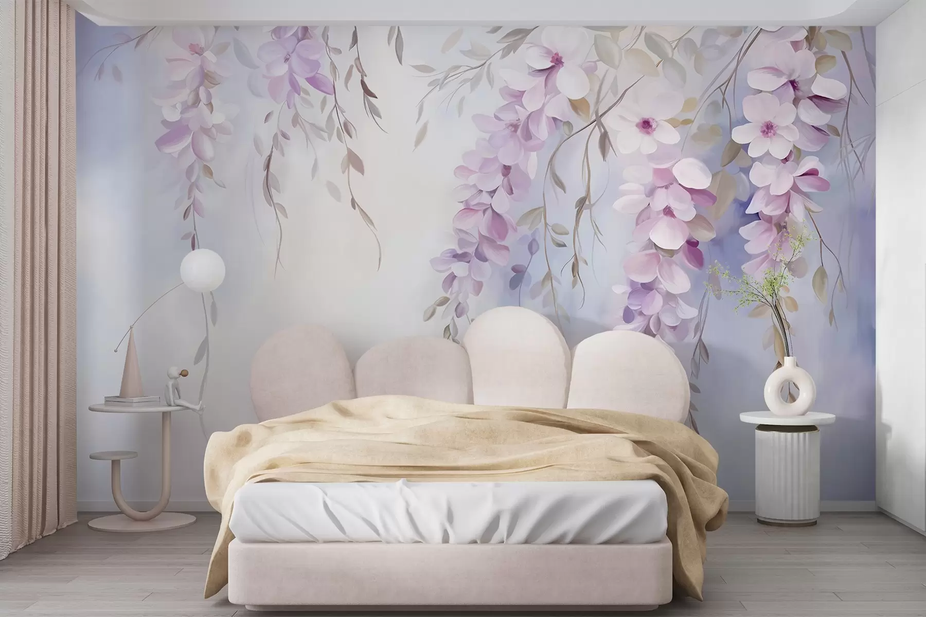 Fotobehang Wisteria bloemen met lila bloemblaadjes en groene bladeren hangend aan takken, zachte pastelkleuren, pastelkleurige achtergrond w09010