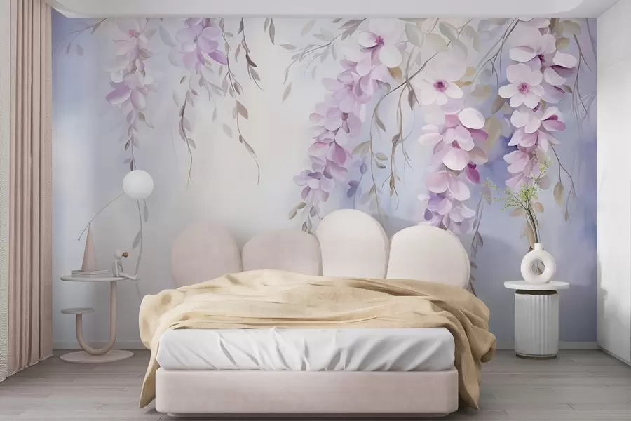 Fotobehang Wisteria bloemen met lila bloemblaadjes en groene bladeren hangend aan takken, zachte pastelkleuren, pastelkleurige achtergrond w09010