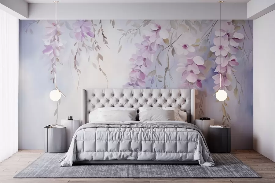 Fotobehang Wisteria bloemen met lila bloemblaadjes en groene bladeren hangend aan takken, zachte pastelkleuren, pastelkleurige achtergrond w09010
