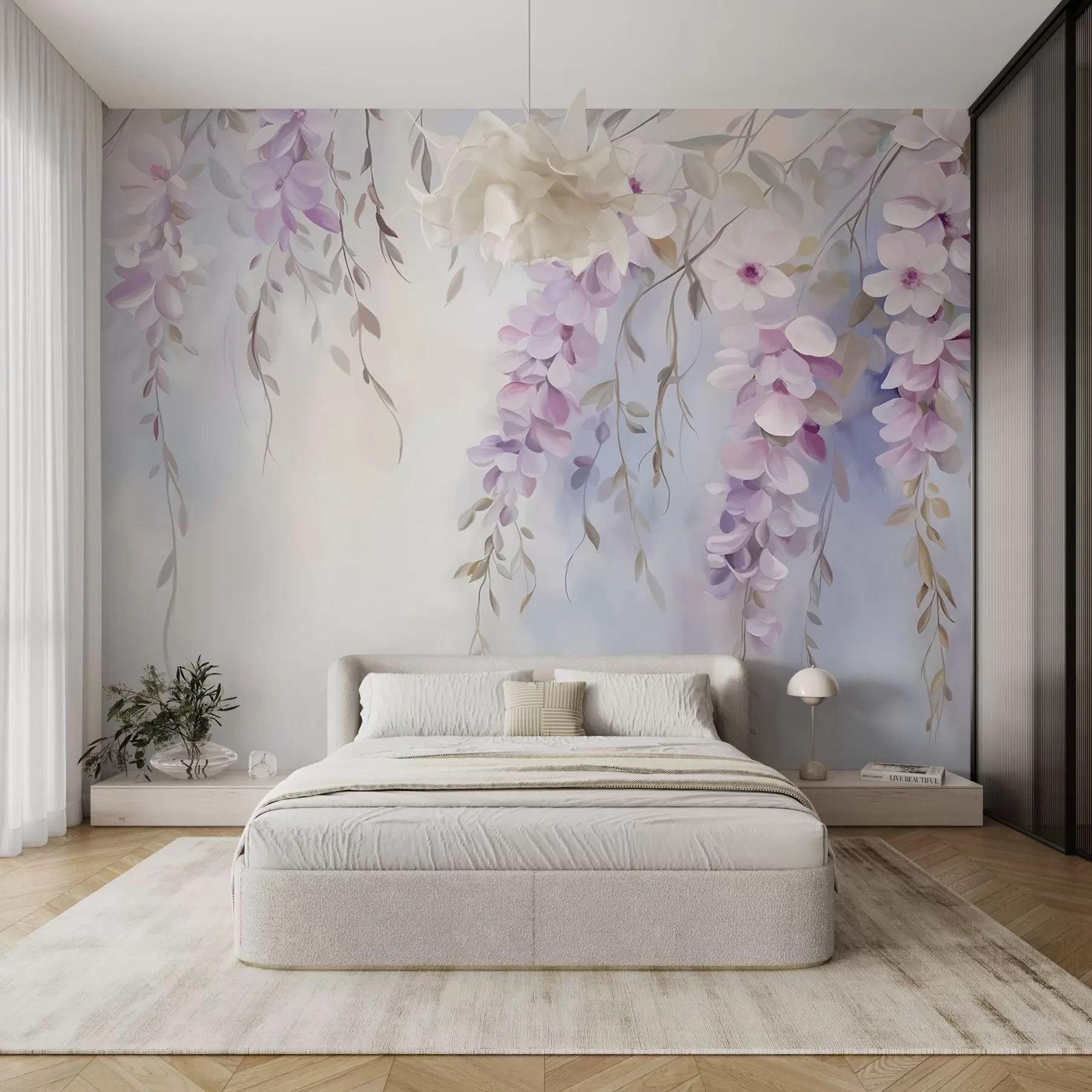 Fotobehang Wisteria bloemen met lila bloemblaadjes en groene bladeren hangend aan takken, zachte pastelkleuren, pastelkleurige achtergrond w09010