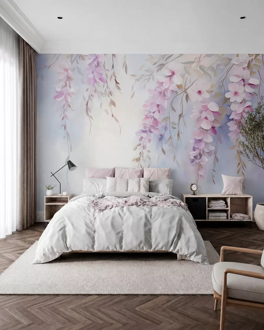 Fotobehang Wisteria bloemen met lila bloemblaadjes en groene bladeren hangend aan takken, zachte pastelkleuren, pastelkleurige achtergrond w09010