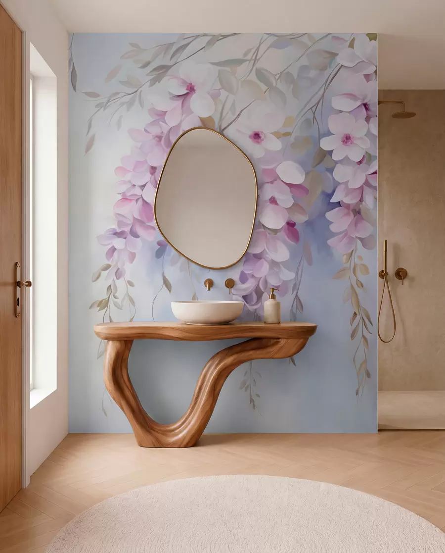 Fotobehang Wisteria bloemen met lila bloemblaadjes en groene bladeren hangend aan takken, zachte pastelkleuren, pastelkleurige achtergrond w09010