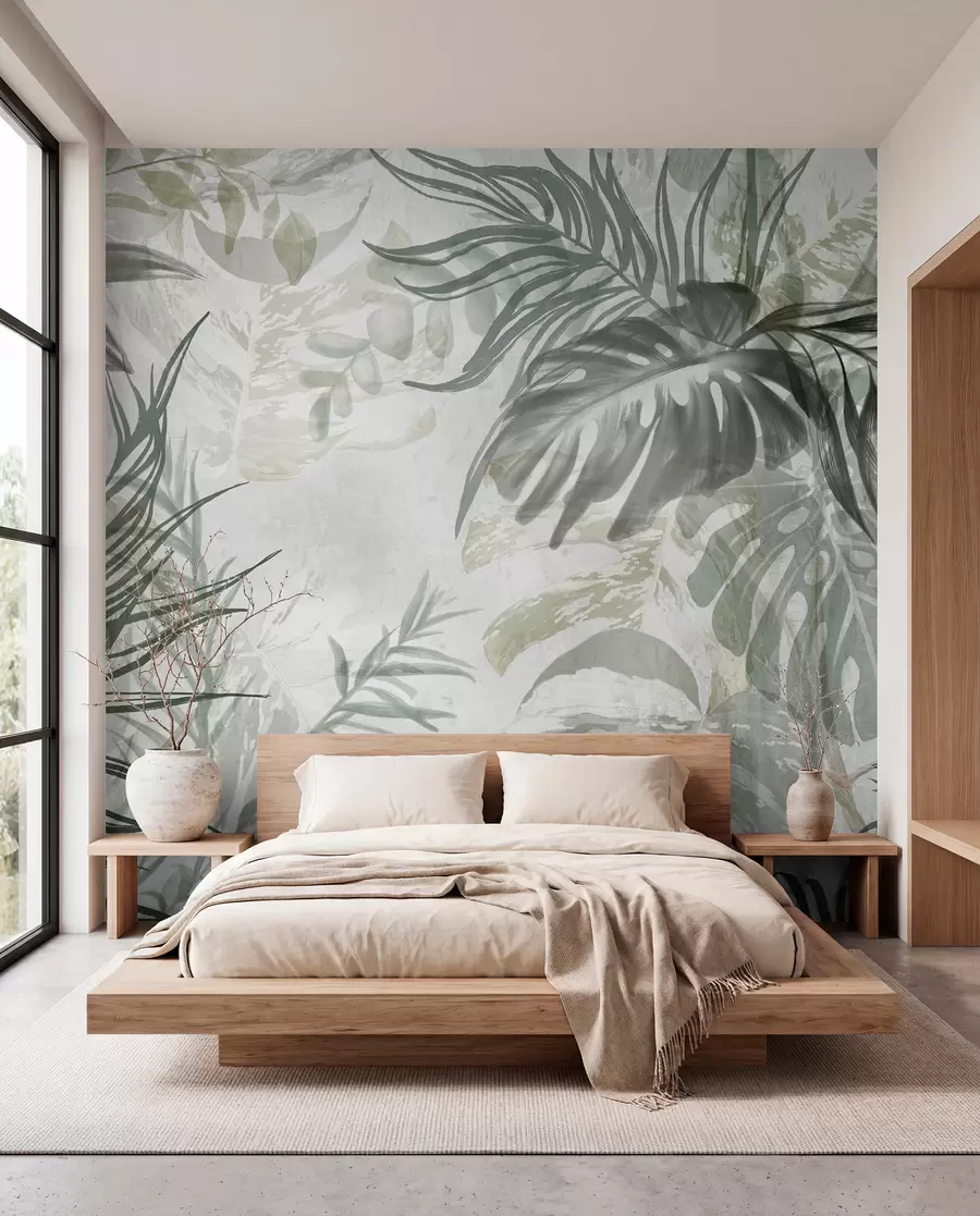 Fotobehang Monstera en palmbladeren in tinten groen en grijs, botanisch, tropisch gebladerte, jungle planten, getextureerde achtergrond w09011