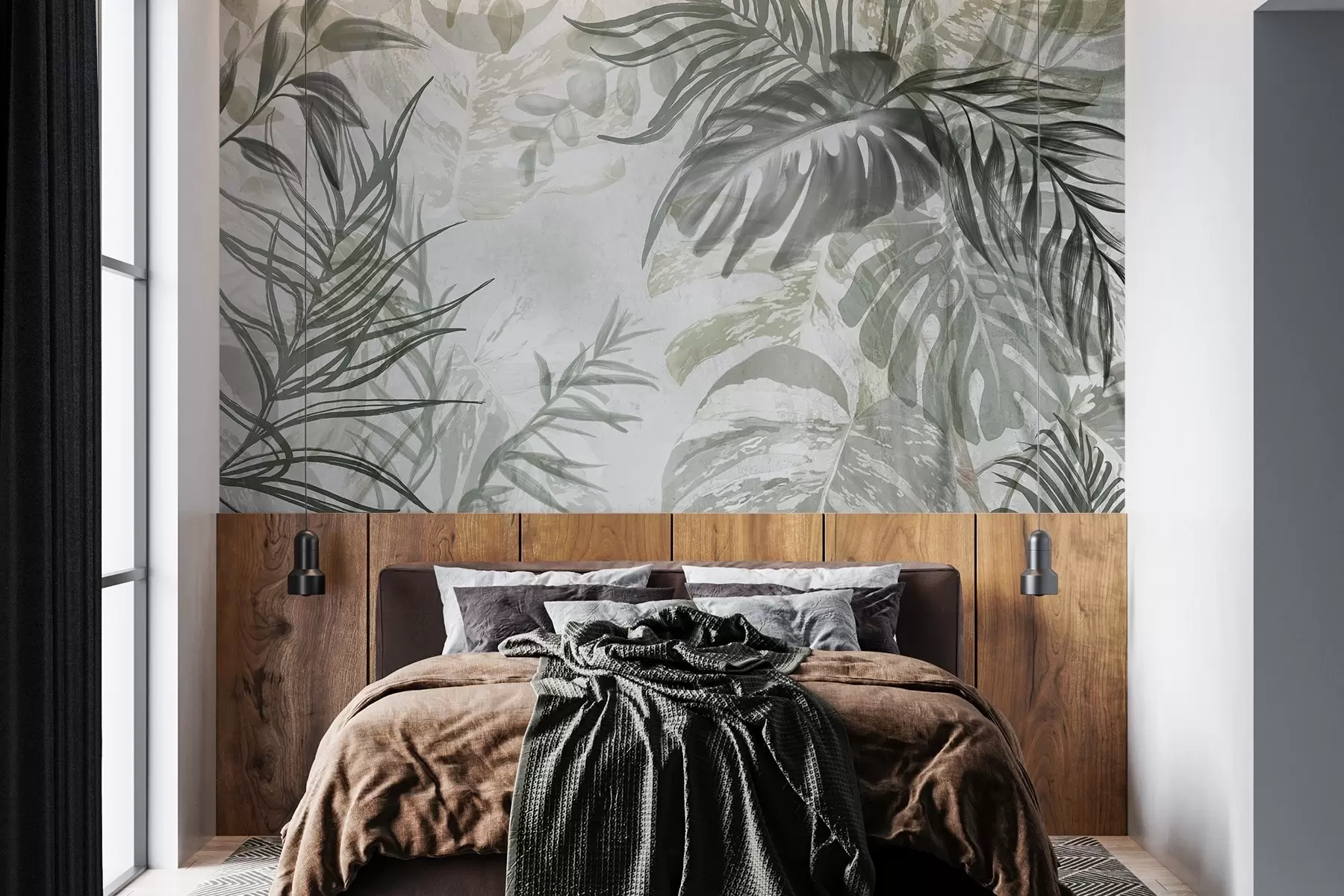 Fotobehang Monstera en palmbladeren in tinten groen en grijs, botanisch, tropisch gebladerte, jungle planten, getextureerde achtergrond w09011