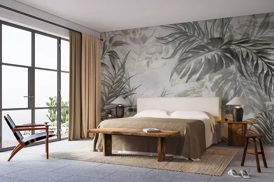 Fotobehang Monstera en palmbladeren in tinten groen en grijs, botanisch, tropisch gebladerte, jungle planten, getextureerde achtergrond w09011