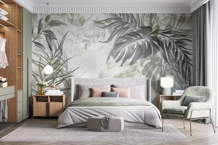Fotobehang Monstera en palmbladeren in tinten groen en grijs, botanisch, tropisch gebladerte, jungle planten, getextureerde achtergrond w09011