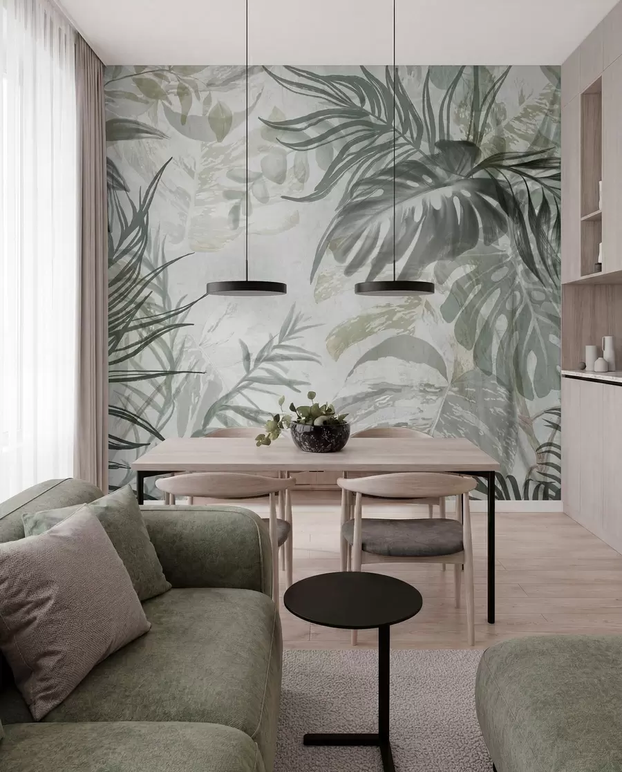 Fotobehang Monstera en palmbladeren in tinten groen en grijs, botanisch, tropisch gebladerte, jungle planten, getextureerde achtergrond w09011