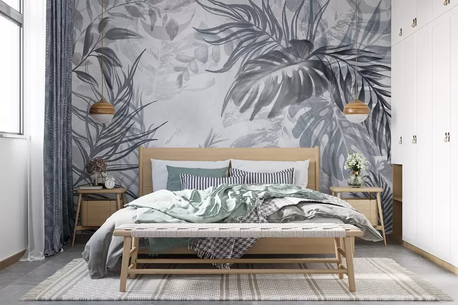 Fotobehang Monstera en palmbladeren in tinten blauw en grijs, botanisch, tropisch gebladerte, jungle planten, getextureerde achtergrond w09011v1