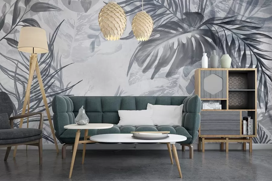 Fotobehang Monstera en palmbladeren in tinten blauw en grijs, botanisch, tropisch gebladerte, jungle planten, getextureerde achtergrond w09011v1