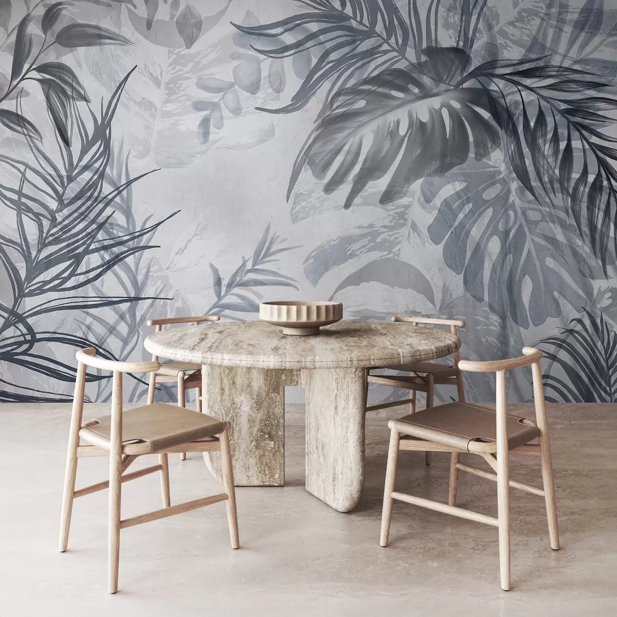 Fotobehang Monstera en palmbladeren in tinten blauw en grijs, botanisch, tropisch gebladerte, jungle planten, getextureerde achtergrond w09011v1
