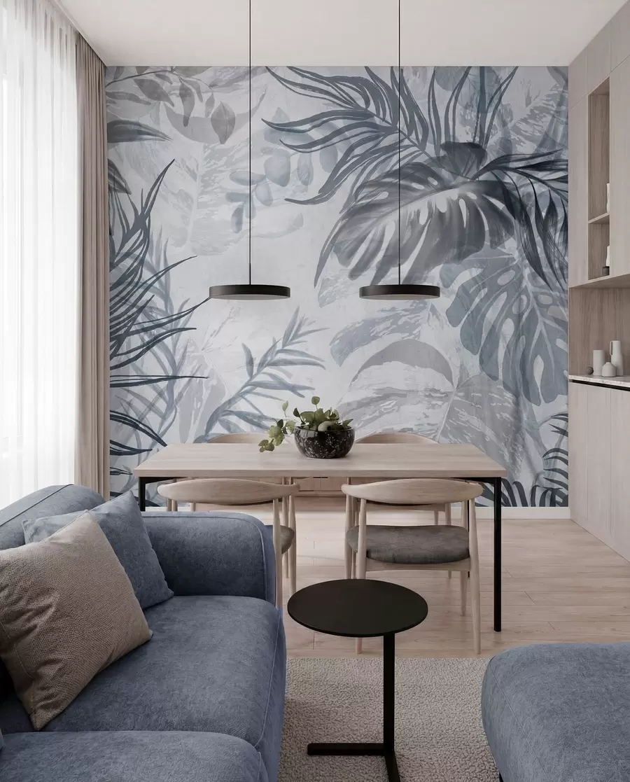 Fotobehang Monstera en palmbladeren in tinten blauw en grijs, botanisch, tropisch gebladerte, jungle planten, getextureerde achtergrond w09011v1