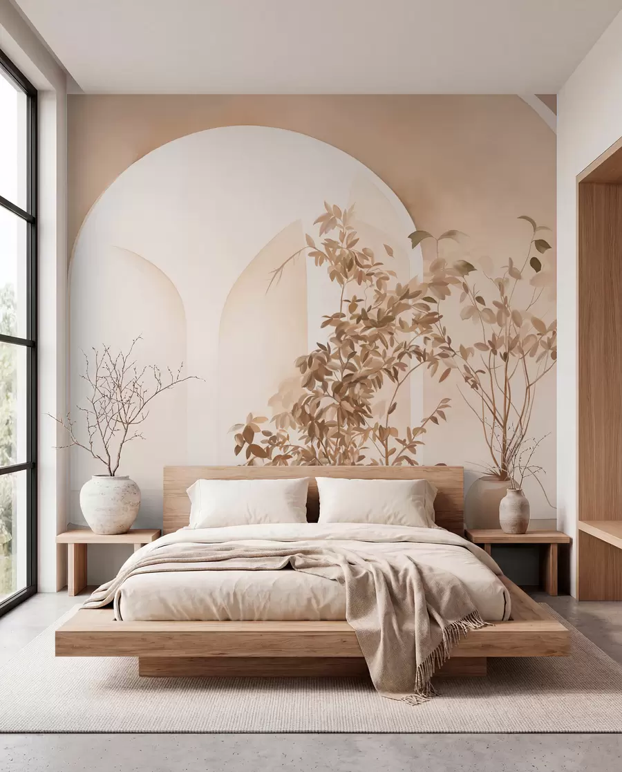 Fotobehang Planten in potten met beige tinten voor abstracte bogen, minimalistische stijl, elegant en schoon, neutrale achtergrond w09013