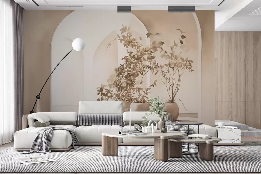 Fotobehang Planten in potten met beige tinten voor abstracte bogen, minimalistische stijl, elegant en schoon, neutrale achtergrond w09013