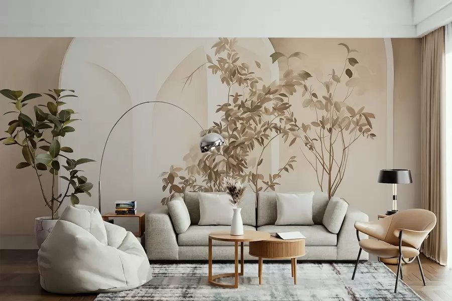Fotobehang Planten in potten met beige tinten voor abstracte bogen, minimalistische stijl, elegant en schoon, neutrale achtergrond w09013