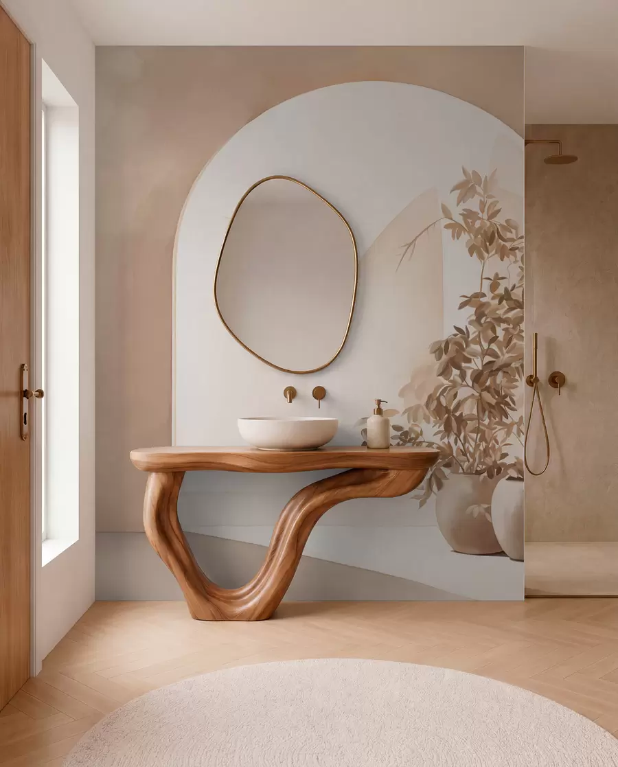 Fotobehang Planten in potten met beige tinten voor abstracte bogen, minimalistische stijl, elegant en schoon, neutrale achtergrond w09013