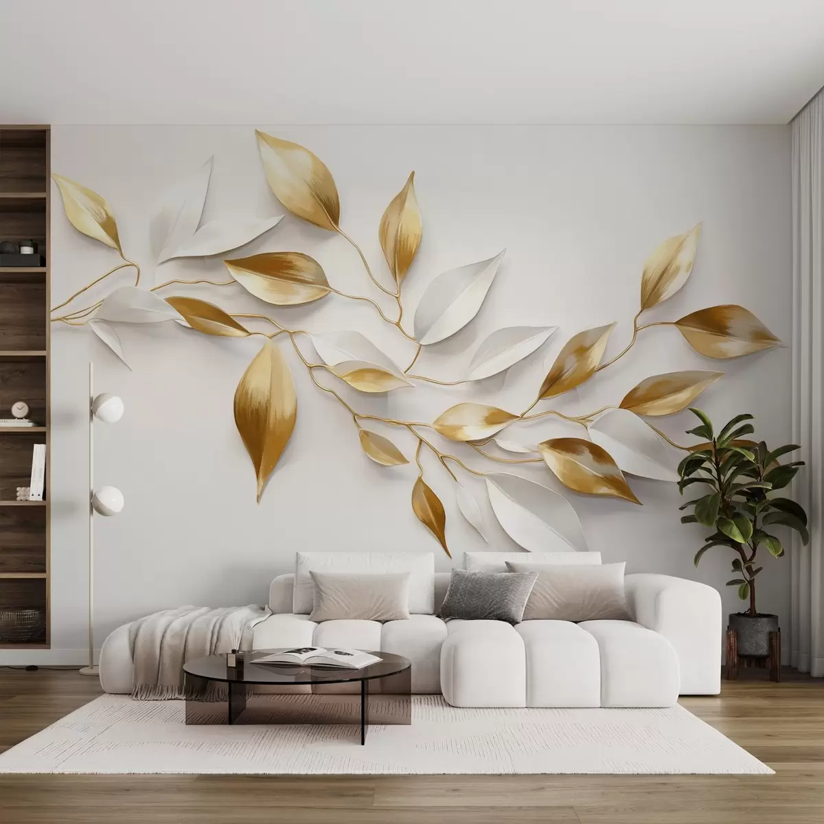 Fotobehang Gele en witte bladeren op een tak , elegant ontwerp, witte achtergrond, minimalistische stijl, decoratieve kunst , op de natuur geïnspireerd w09015