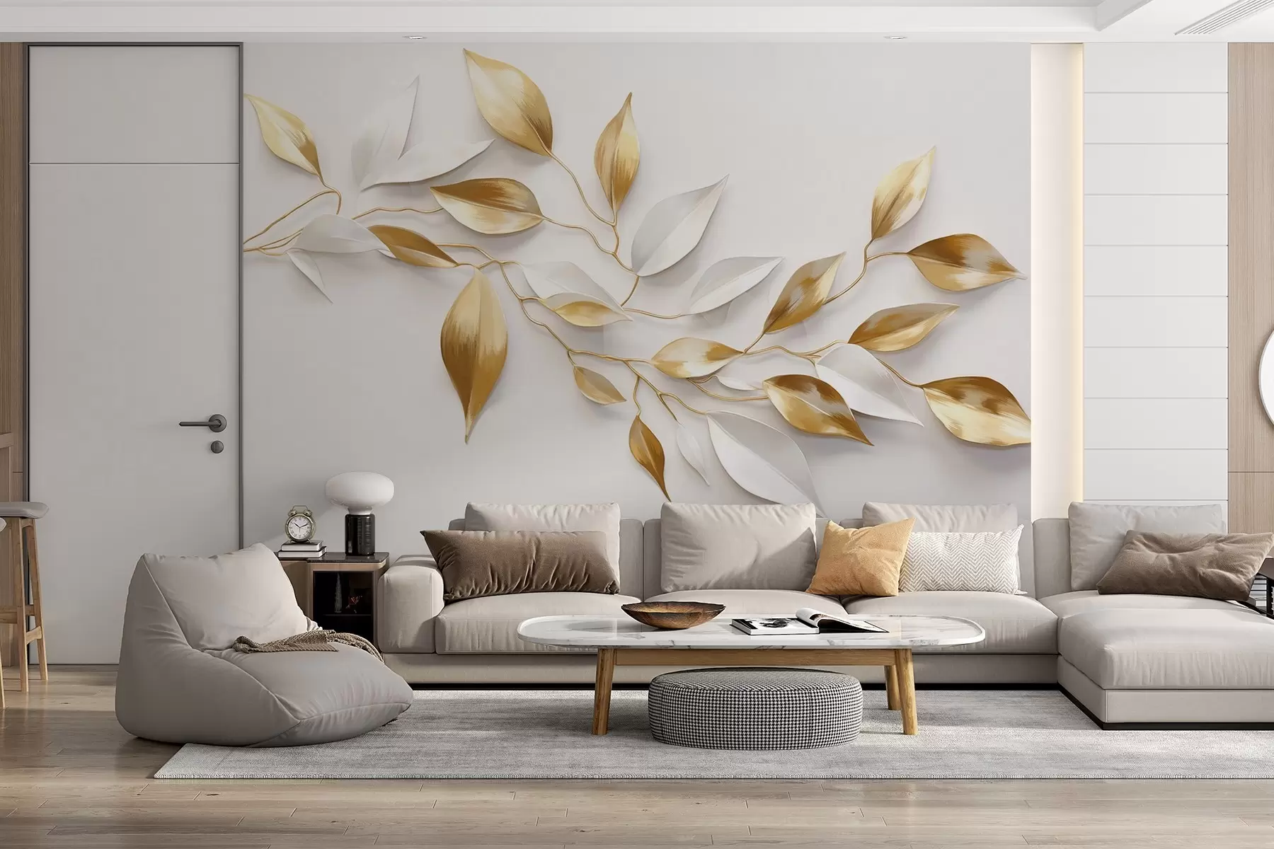 Fotobehang Gele en witte bladeren op een tak , elegant ontwerp, witte achtergrond, minimalistische stijl, decoratieve kunst , op de natuur geïnspireerd w09015