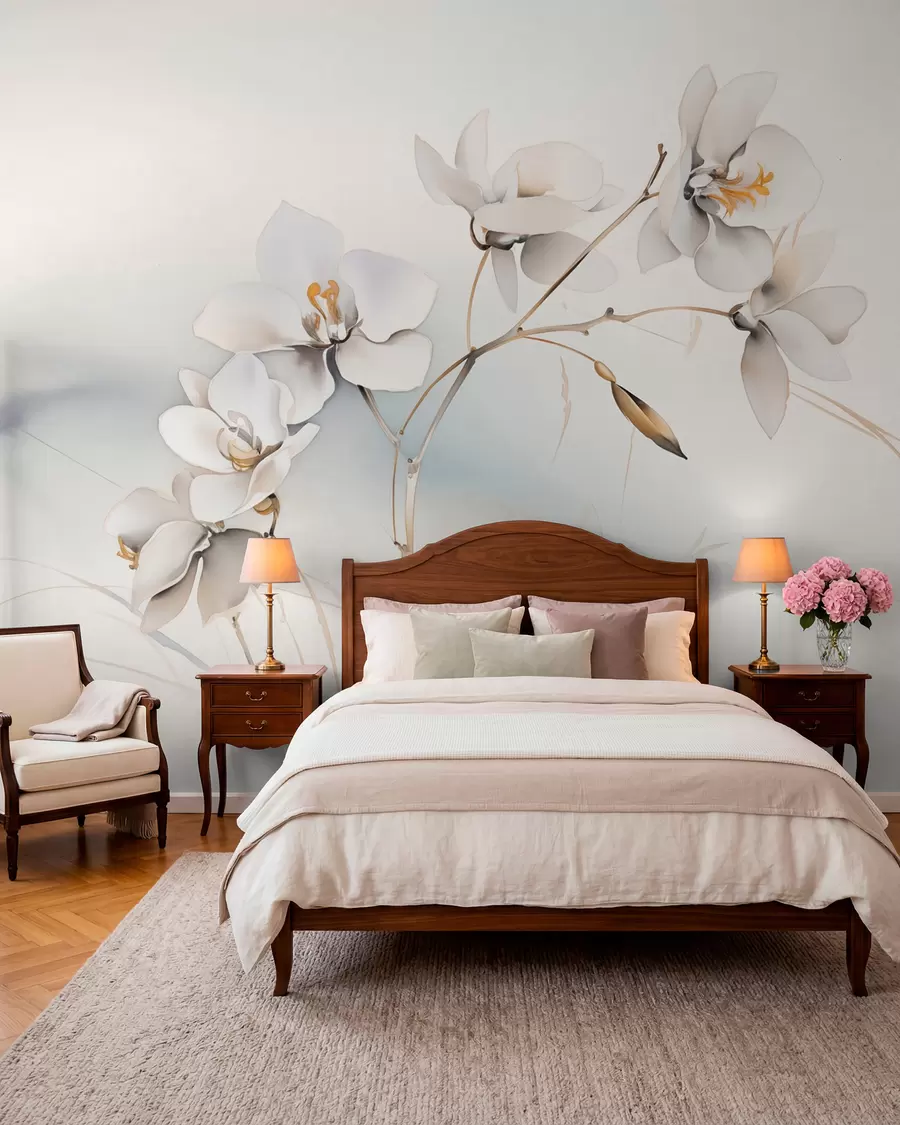 Fotobehang Witte orchideeëntak in aquarelstijl w09022