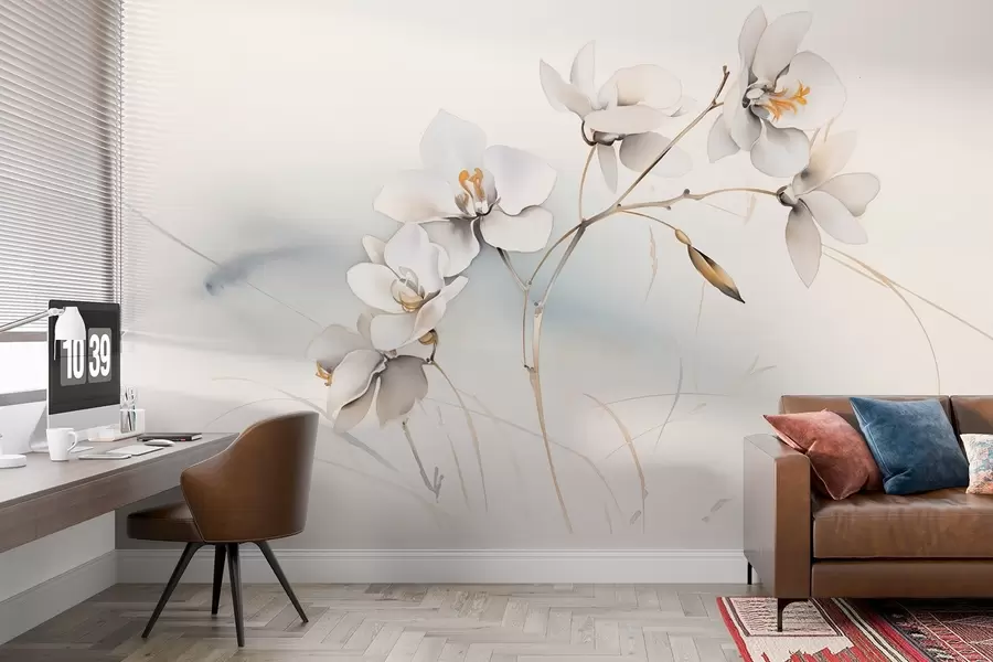 Fotobehang Witte orchideeëntak in aquarelstijl w09022