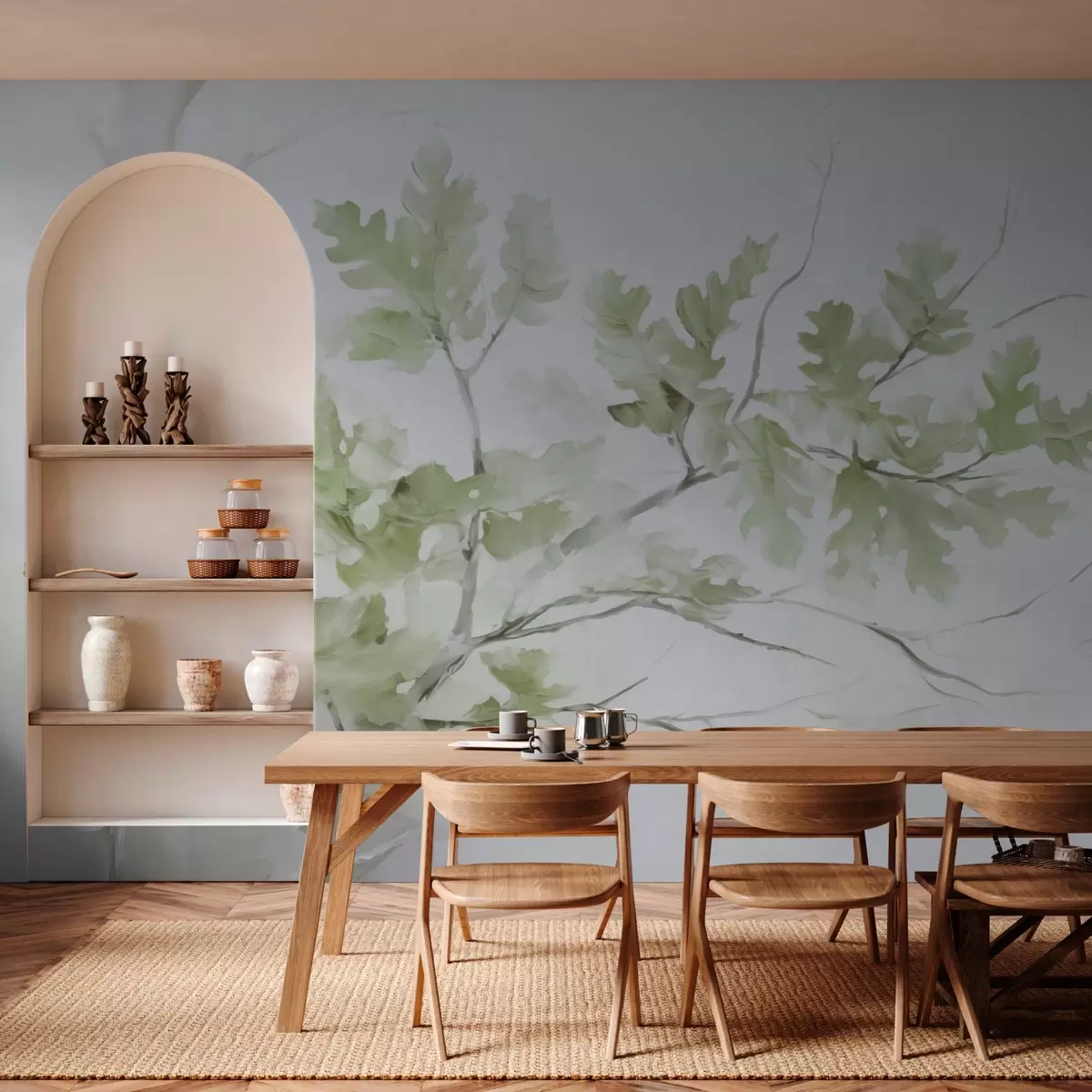 Fotobehang Eiken tak met groene bladeren w03772v1