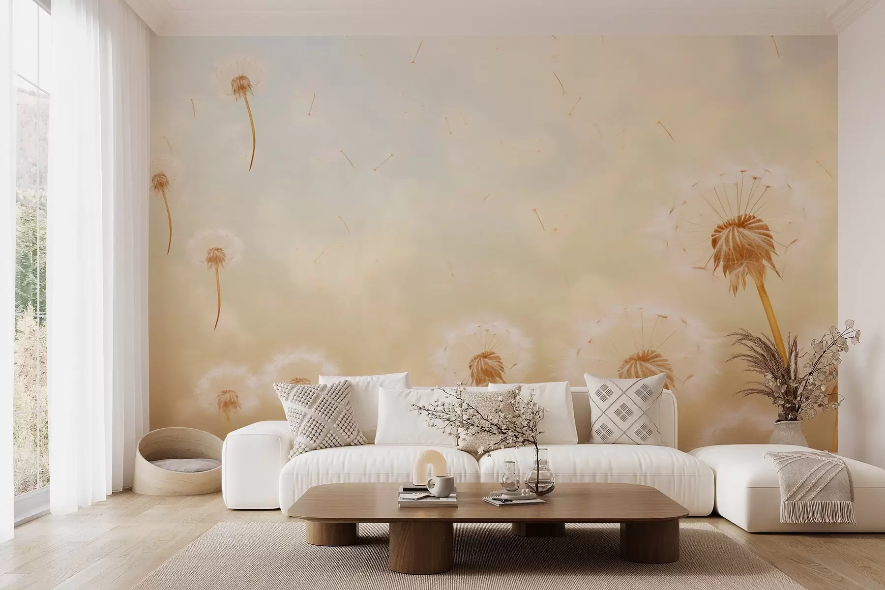 Fotobehang Luchtige beige paardenbloemen waaien in de wind tegen de lucht w09028