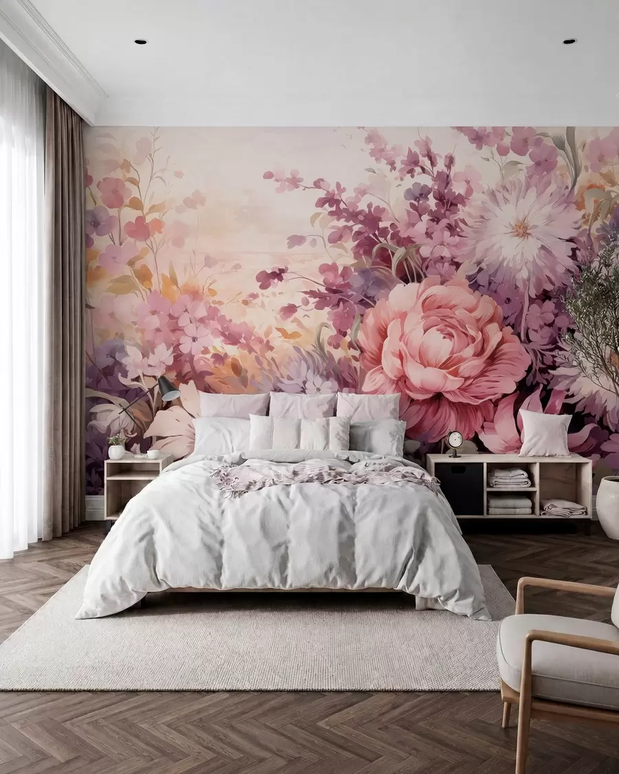 Fotobehang Kleurrijke bloemen in roze en paarse tinten: seringen, pioenen, chrysanten w09039
