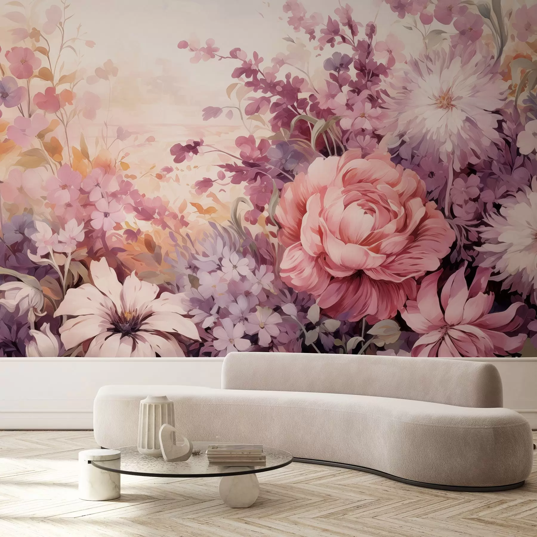 Fotobehang Kleurrijke bloemen in roze en paarse tinten: seringen, pioenen, chrysanten w09039