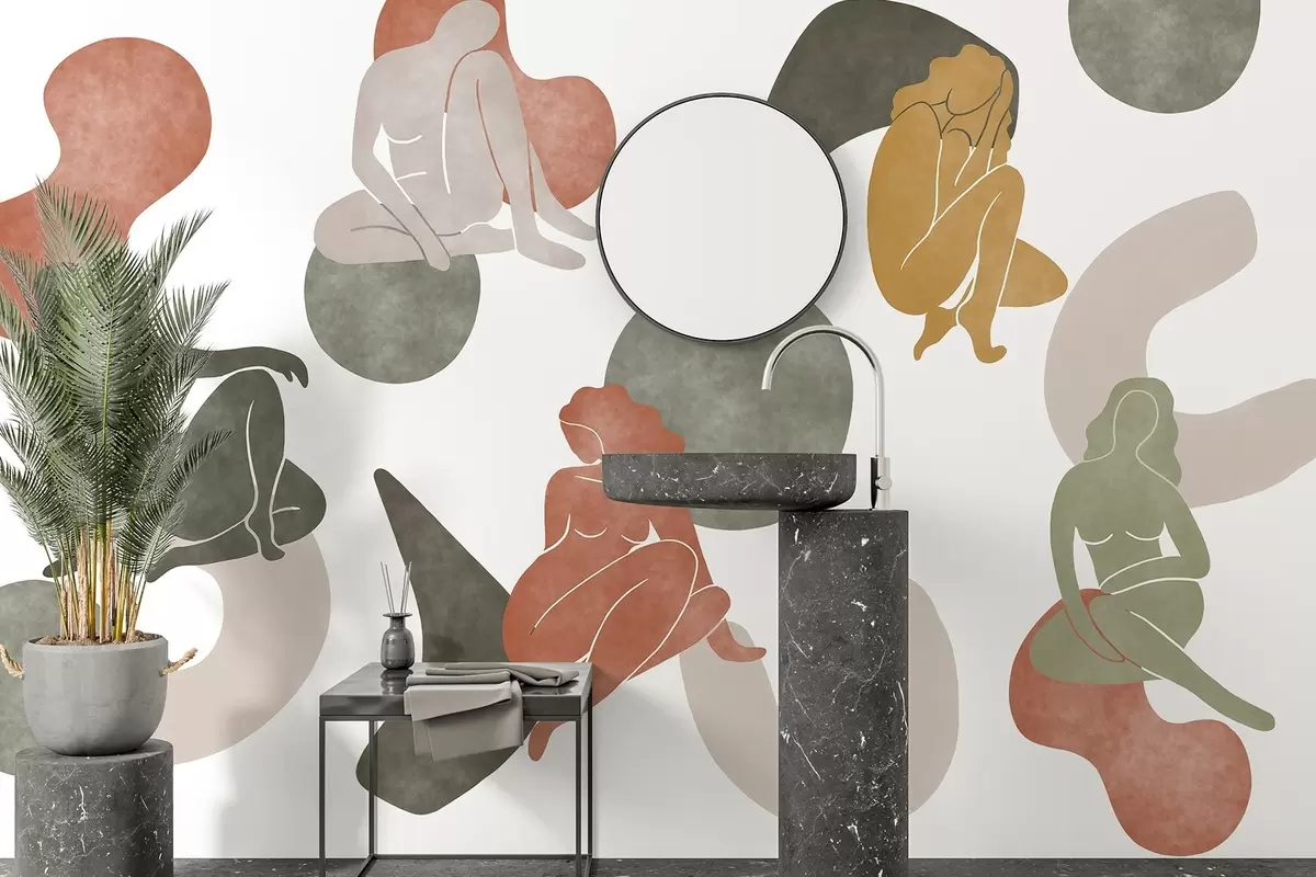 Fotobehang Geometrische abstracties met vrouwelijke silhouetten, boho stijl, bruin, beige, groen w03753