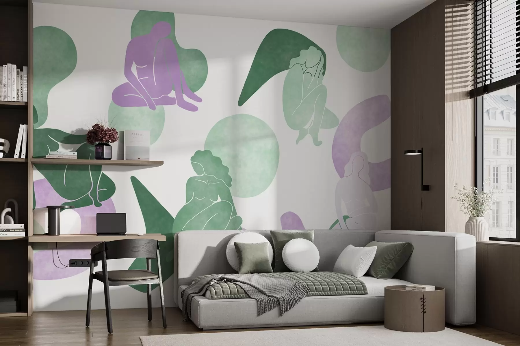 Fotobehang Geometrische abstracties met vrouwelijke silhouetten, boho-stijl, paars, groen w03753v4