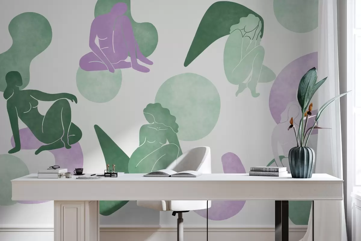 Fotobehang Geometrische abstracties met vrouwelijke silhouetten, boho-stijl, paars, groen w03753v4