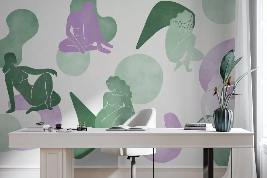 Fotobehang Geometrische abstracties met vrouwelijke silhouetten, boho-stijl, paars, groen w03753v4 kopen - Uwalls.nl Fotobehang Geometrische abstracties met vrouwelijke silhouetten, boho-stijl, paars, groen w03753v4