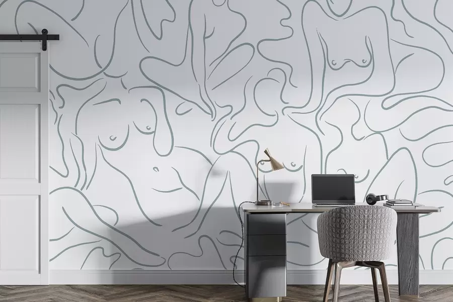 Fotobehang Lijntekening anatomische silhouetten, abstractie, blauwe kleur w03755v1