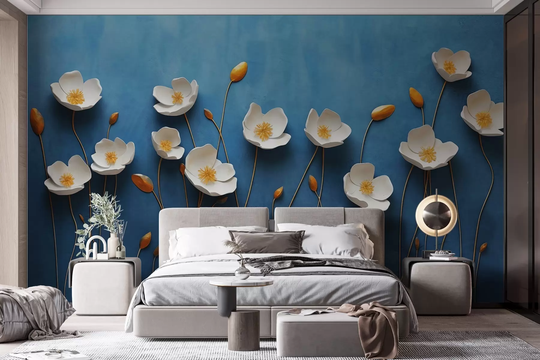 Fotobehang Witte bloemen met een geel hart op een blauwe achtergrond w03800