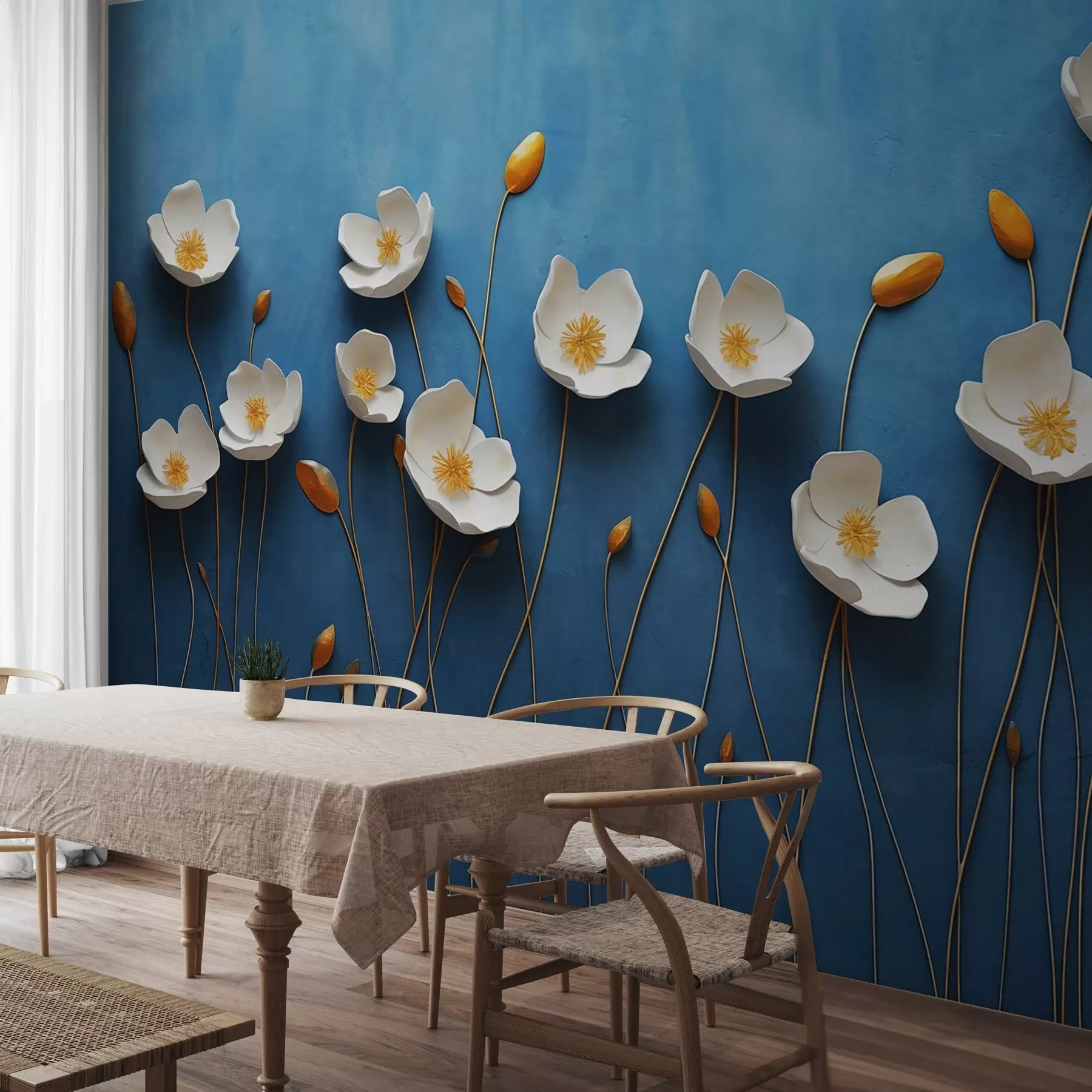 Fotobehang Witte bloemen met een geel hart op een blauwe achtergrond w03800