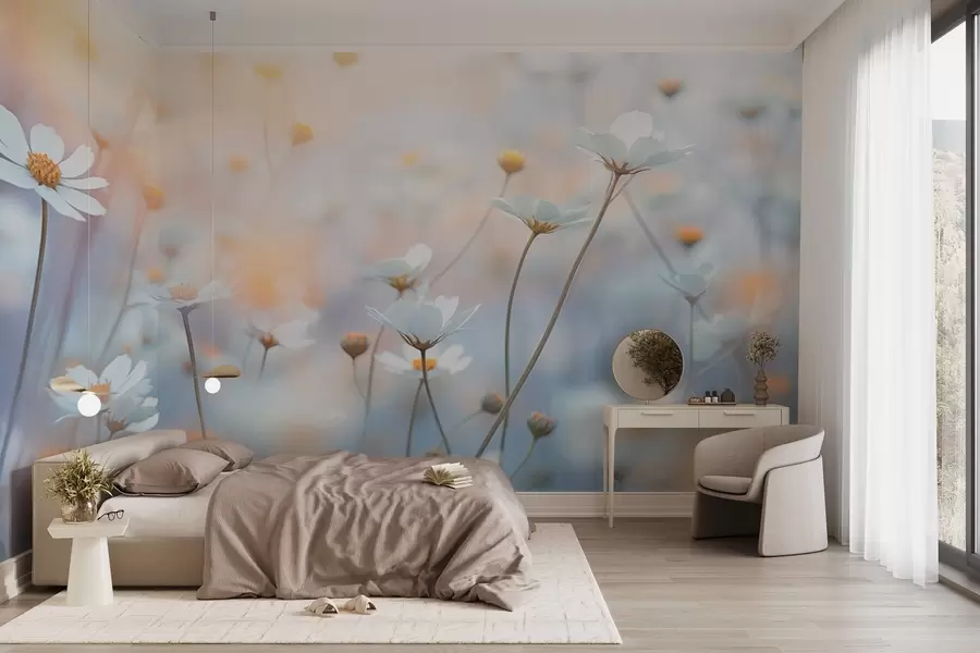 Fotobehang Lichtblauwe bloemen met warm avondlicht w03802