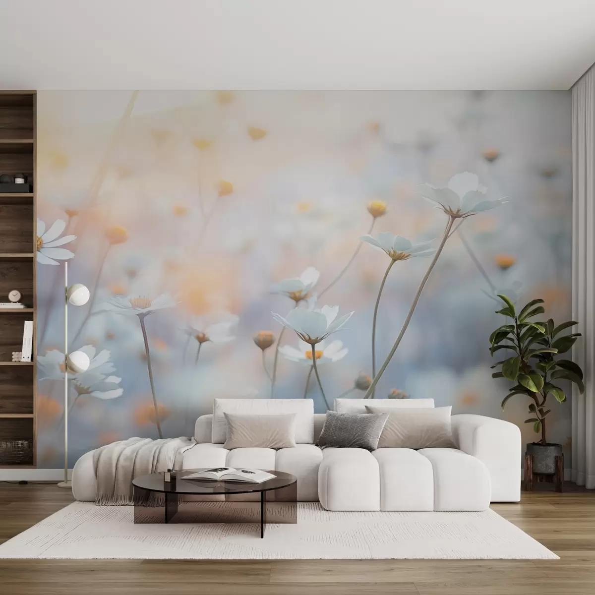Fotobehang Lichtblauwe bloemen met warm avondlicht w03802