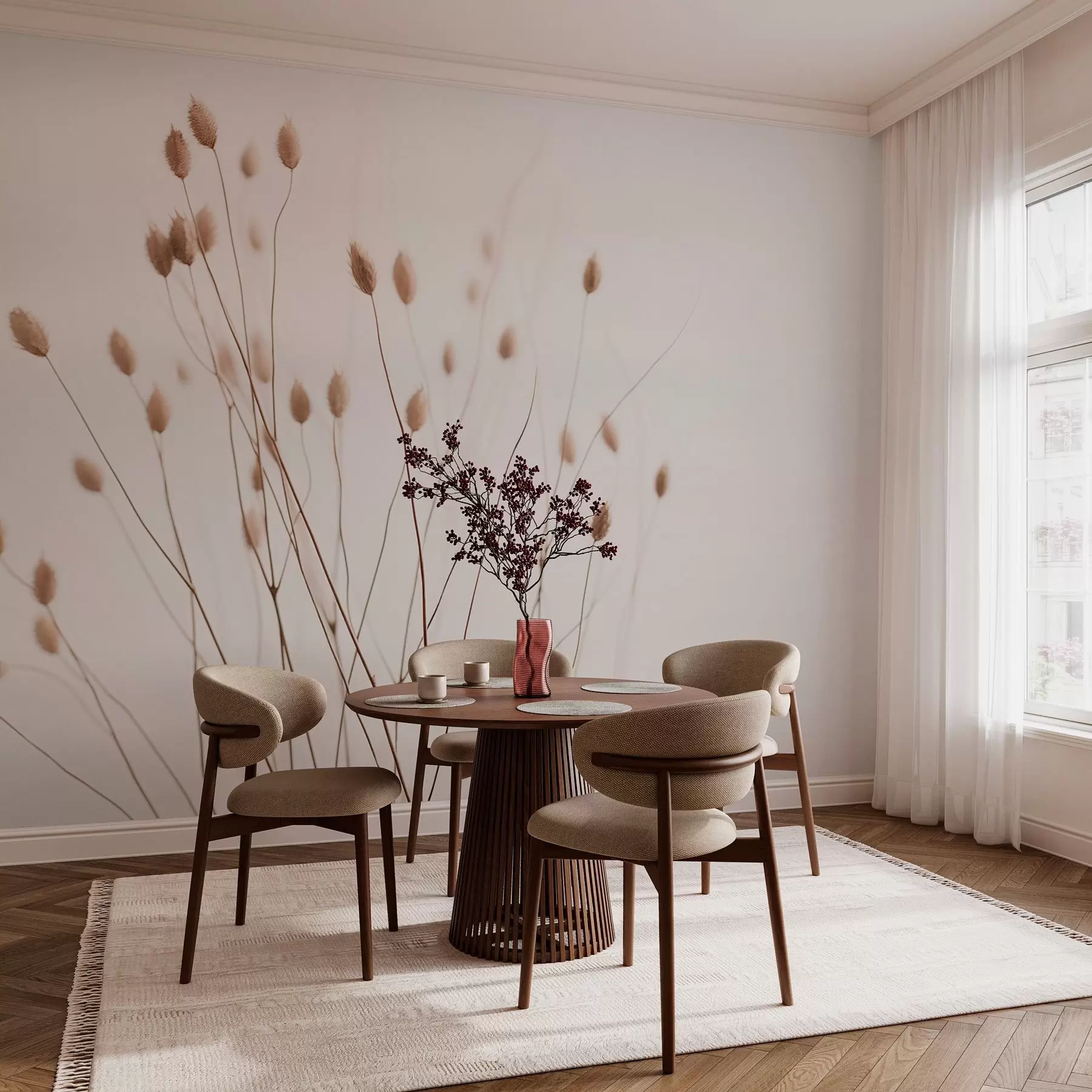 Fotobehang Minimalistische takken met aartjes op een witte achtergrond w03805