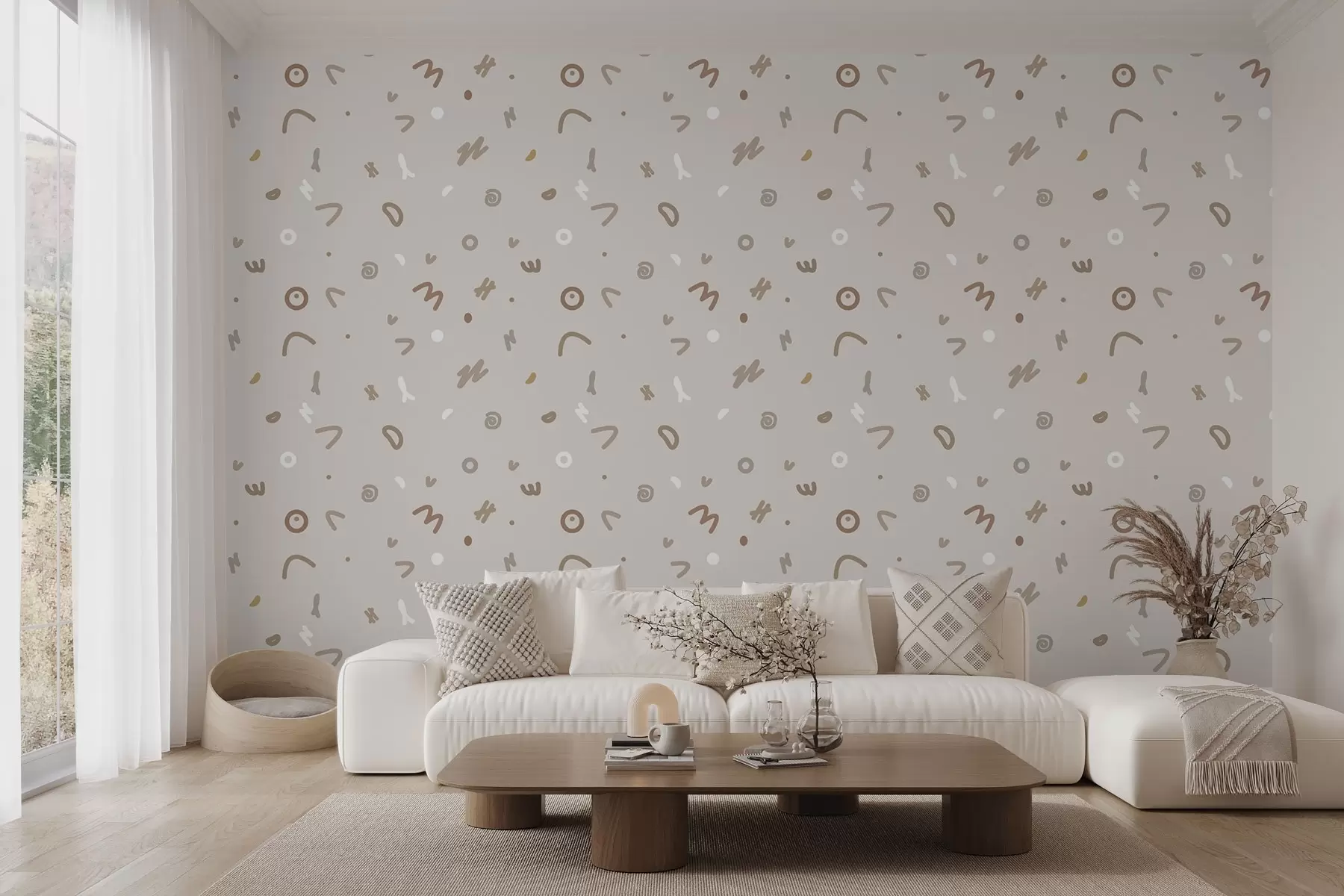 Fotobehang Abstracte kindersymbolen in beige palet w03813