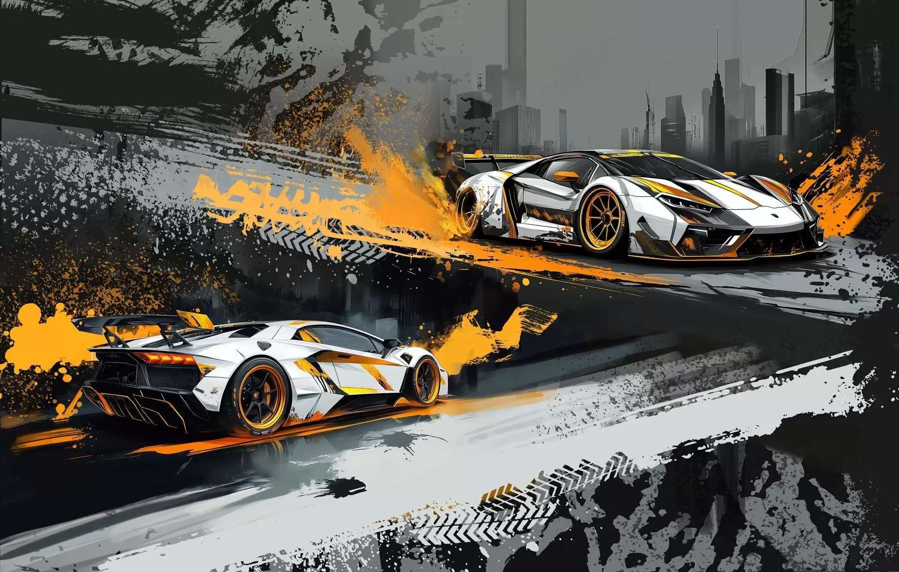 Fotobehang harde grange stijl, expressieve, dinamische sportwagens w03721