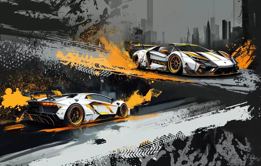 Fotobehang harde grange stijl, expressieve, dinamische sportwagens w03721