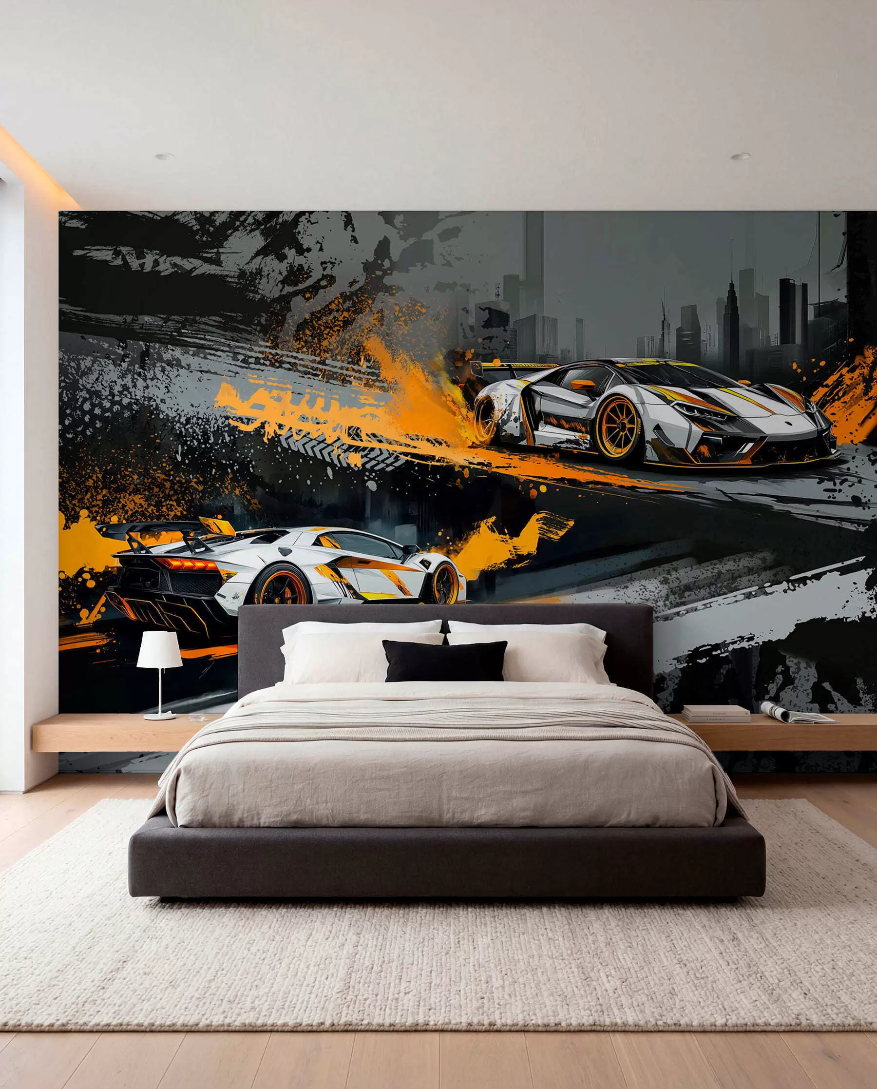 Fotobehang harde grange stijl, expressieve, dinamische sportwagens w03721