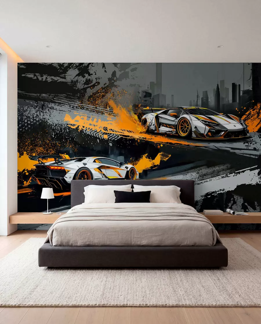 Fotobehang harde grange stijl, expressieve, dinamische sportwagens w03721